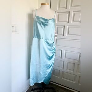 NWT Open Edit Cowl Neck Satin Midi Dress Blue Aqua Cocktail Party Size XL